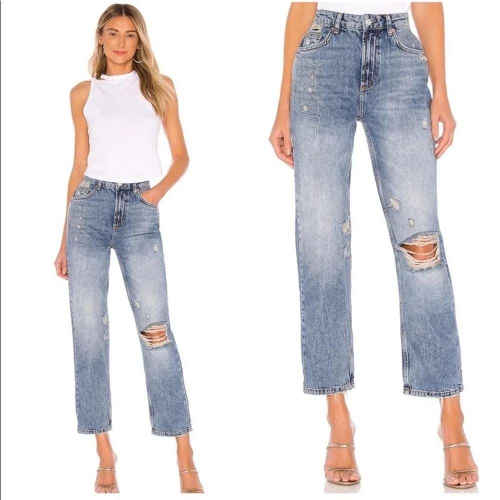 NWT Free People Jean Women 26 Blue Dakota Straight Leg Vintage Indigo Distressed